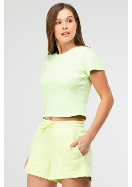 Açık Yeşil Slim Fit Basic Kaşkorse Bisiklet Yaka Kısa Kol Crop Kadın Body SF0757
