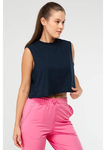 Lacivert Regular Basic Pamuk Bisiklet Yaka Kolsuz Crop Kadın Atlet SF0749 modelleri