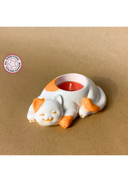 Uretti El Yapımı Turuncu - Beyaz Sevimli Kedi Tealight Mumluk - 6 x 10 cm