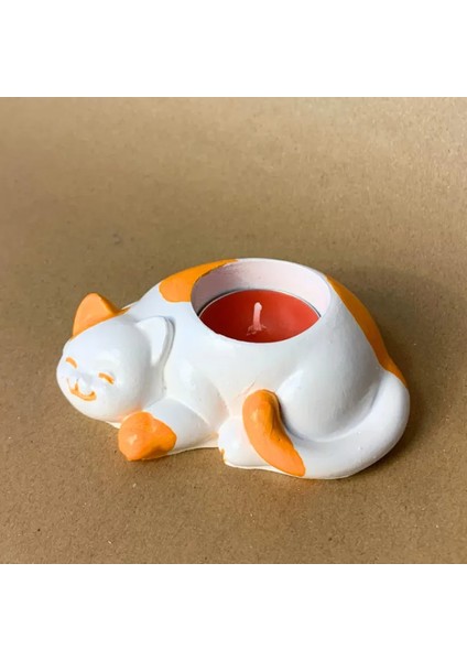 Uretti El Yapımı Turuncu - Beyaz Sevimli Kedi Tealight Mumluk - 6 x 10 cm