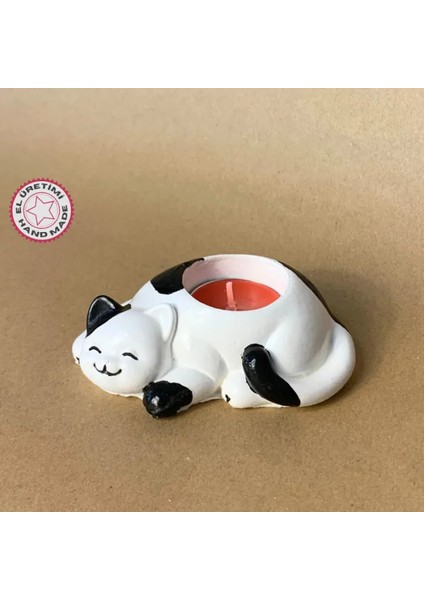 Uretti El Yapımı Siyah - Beyaz Sevimli Kedi Tealight Mumluk - 6 x 10 cm