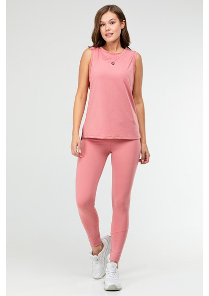 Gül Kurusu Slim Fit Düz Bisiklet Yaka Kolsuz Üçlü Kadın Tayt Takım SB0799 indirimleri