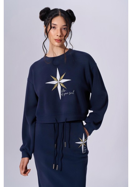 Kadın Pamuklu Baskılı Uzun Kollu Günlük Kullanım Lacivert Sweatshirt 2591305