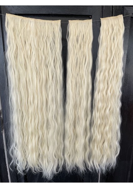 Platin Sarı Afro Dalgalı Uzun Yarım Ay Saç – 3 Parça Çıt Çıt 80cm. 270 gr. Vıp Serı