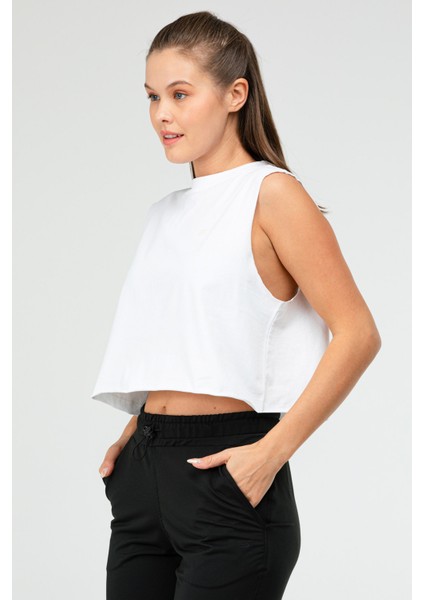 Beyaz Regular Basic Pamuk Bisiklet Yaka Kolsuz Crop Kadın Atlet SF0749 fiyatları