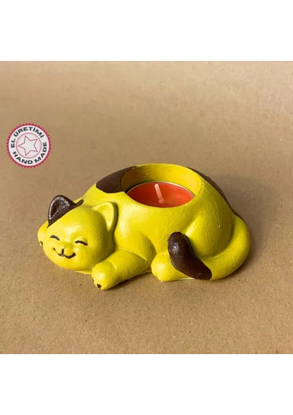 Uretti El Yapımı Yeşil - Kahverengi Sevimli Kedi Tealight Mumluk - 6 x 10 cm