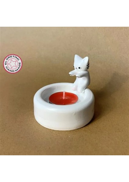 Uretti El Yapımı Sevimli Isınan Beyaz Kedi Dekoratif Mumluk - 7 x 7 cm