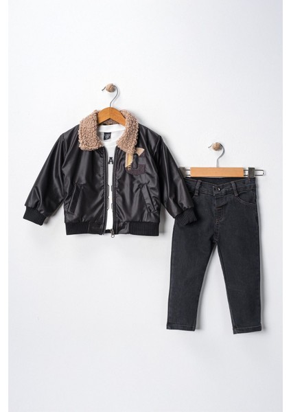 C Panç Işlemeli Deri Ceketli Erkek Çocuk 3 lü takım - Siyah