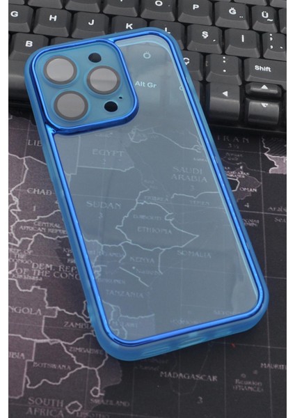Apple iPhone 13 Pro Max Uyumlu Mavi Kenarlı Renkli Yarı Şeffaf Kapak Kılıf Kamera Lens Korumalı