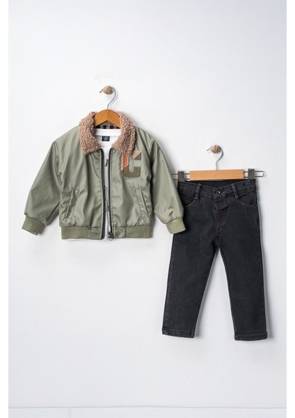C Panç Işlemeli Deri Ceketli Erkek Çocuk 3 lü takım - Yeşil