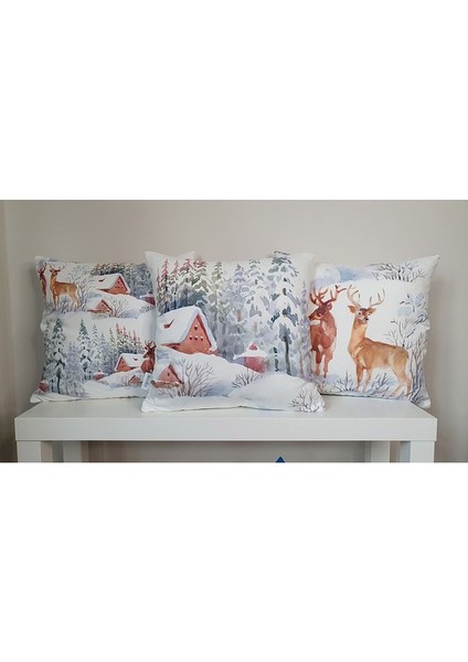 Sulu Boya Tatlı Geyikler Desenli Dijital Baskılı Kırlent Kılıfı modelleri