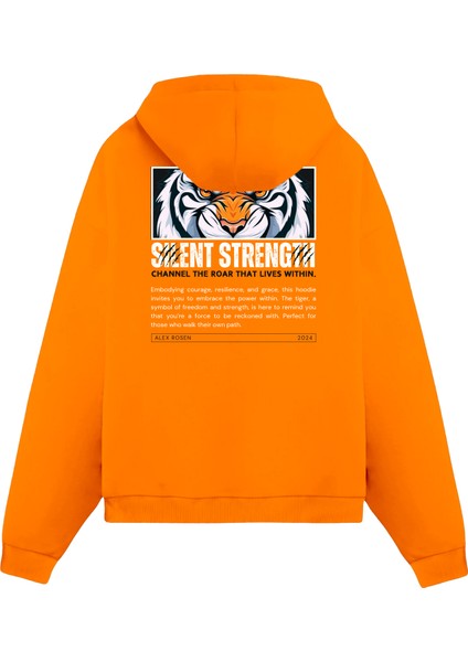 Baskılı Turuncu Oversize Fit Pamuklu Kapüşonlu Sweatshirt
