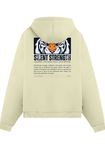 Baskılı Krem Unisex Oversize Fit Pamuklu Kapüşonlu Sweatshirt