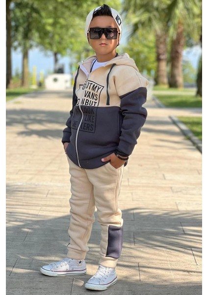 Erkek Çocuk Yazı Baskılı Kazak Çift Renk Ceket Krem-Gri Eşofman Takım