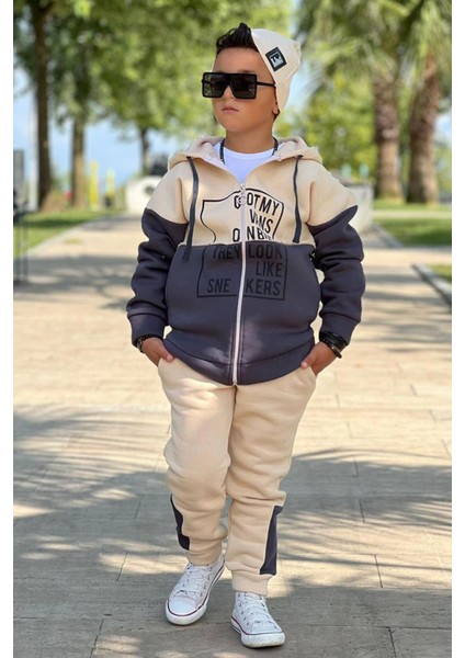 Erkek Çocuk Yazı Baskılı Kazak Çift Renk Ceket Krem-Gri Eşofman Takım fiyatları