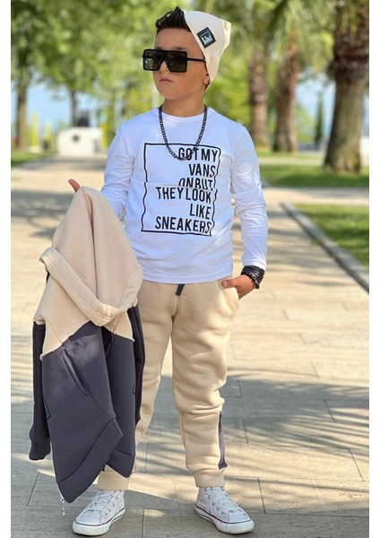 Erkek Çocuk Yazı Baskılı Kazak Çift Renk Ceket Krem-Gri Eşofman Takım modelleri