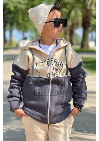 Erkek Çocuk Yazı Baskılı Kazak Çift Renk Ceket Krem-Gri Eşofman Takım fırsatları