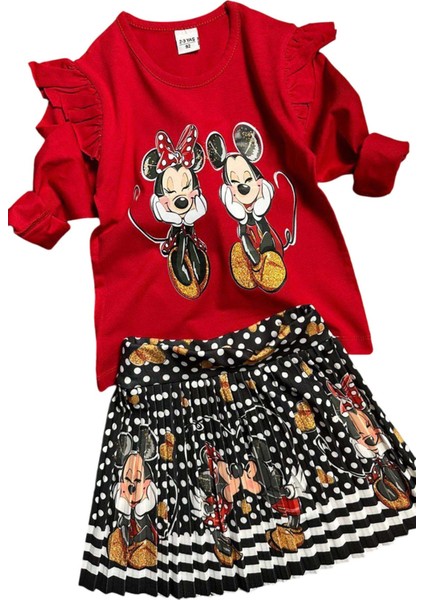 Kız Çocuk Kolları Fırfır Detaylı Mickey Baskı Bluz Kırmızı Piliseli Etekli Takım