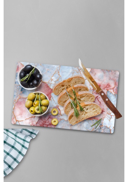 Pembe Mermer Desenli Temperli Cam Kesme Tahtası - Cam Kesme Tablası 30*40 Cm modelleri