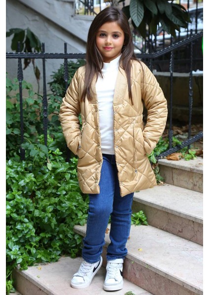Kız Çocuk Balıkçı Yaka Kazak Jean Pantolon Hediyeli Cıtcıt Krem Şişme Mont