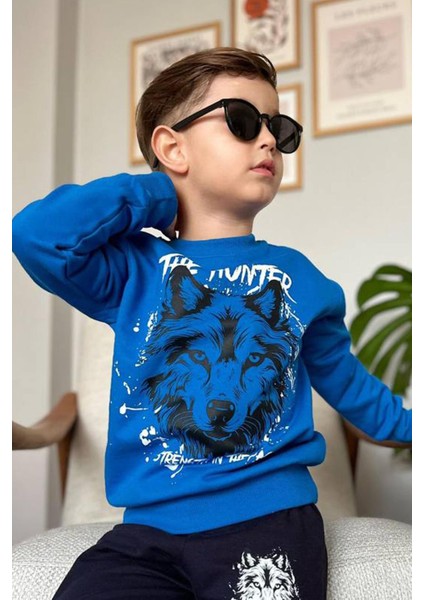 Erkek Çocuk The Hunter Yazı ve Kurt Detaylı Mavi Eşofman Takım modelleri