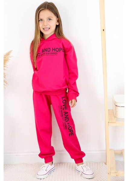 Kız Çocuk Love And Hope Basklı Penye Sweatshirt Fuşya Eşofman Takım