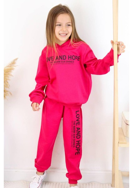 Kız Çocuk Love And Hope Basklı Penye Sweatshirt Fuşya Eşofman Takım indirimleri