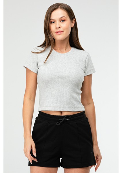 Gri Melanj Slim Fit Basic Kaşkorse Bisiklet Yaka Kısa Kol Crop Kadın Body SF0757