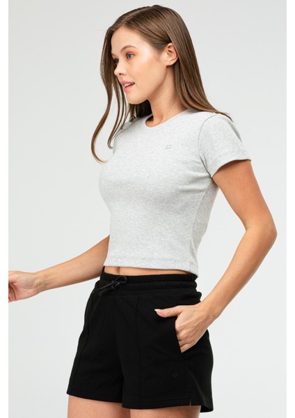 Gri Melanj Slim Fit Basic Kaşkorse Bisiklet Yaka Kısa Kol Crop Kadın Body SF0757 fiyatları