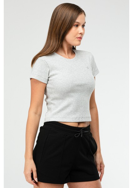 Gri Melanj Slim Fit Basic Kaşkorse Bisiklet Yaka Kısa Kol Crop Kadın Body SF0757 modelleri