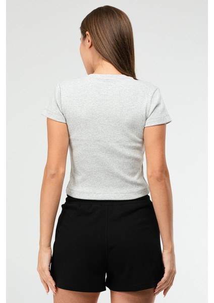 Gri Melanj Slim Fit Basic Kaşkorse Bisiklet Yaka Kısa Kol Crop Kadın Body SF0757 fırsatları