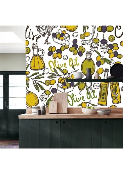 Mutfak Duvar Kaplama Folyo Zeytin Yağ Desenli Kendinden Yapışkanlı 50 cm x 300 cm