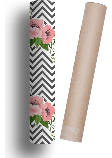 Duvar Kaplama Folyo Çizgili Pembe Çiçek Kendinden Yapışkanlı 50 cm x 300 cm