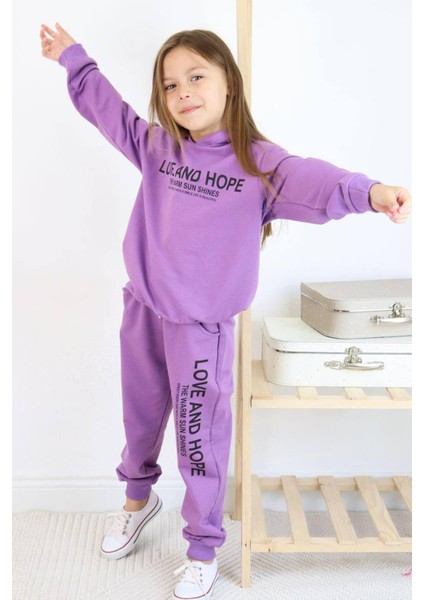 Kız Çocuk Love And Hope Basklı Penye Sweatshirt Mor Eşofman Takım