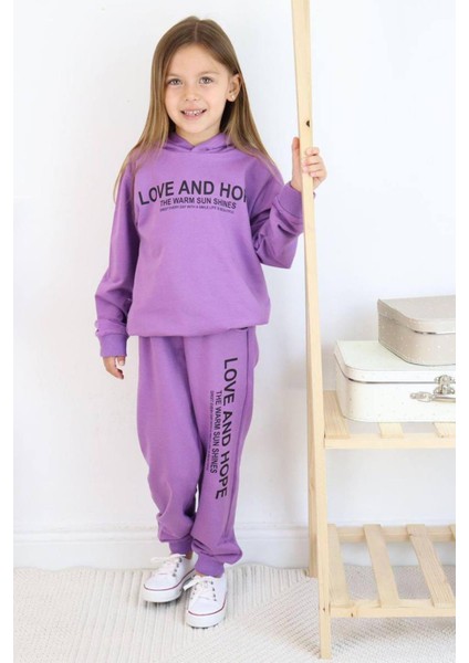 Kız Çocuk Love And Hope Basklı Penye Sweatshirt Mor Eşofman Takım modelleri