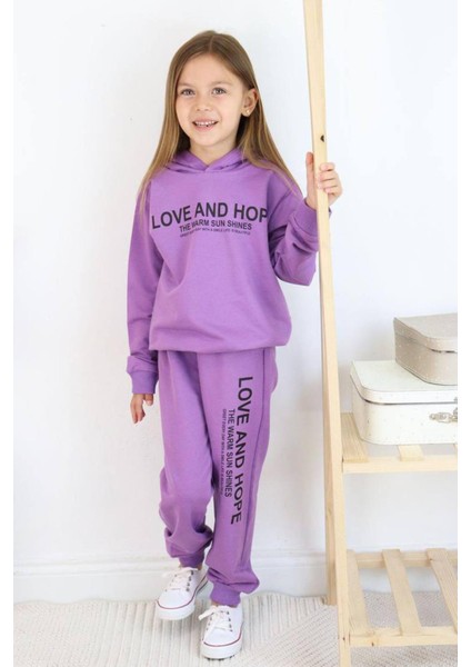 Kız Çocuk Love And Hope Basklı Penye Sweatshirt Mor Eşofman Takım indirimleri