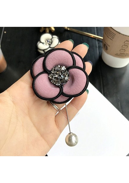 Pembe Tarzı Kadın Takı Aksesuarları Için Inci Vintage Kumaş Çiçek Kamelya Kristal Taş Broş Yaka Iğnesi - Kore Broş (Yurt Dışından)
