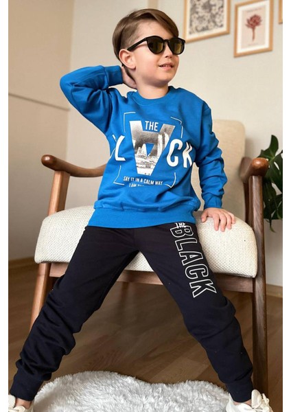Erkek Çocuk The Black Yazı ve Figür Detaylı Mavi Eşofman Takım