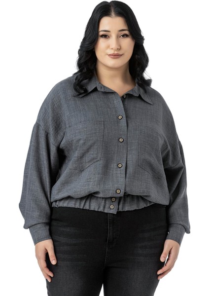 Büyük Beden Düşük Kollu Eteği Lastikli Torba Cepli Bej Rengi Gömlek