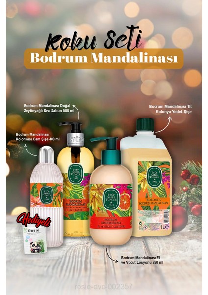 Kolonya 1 Lt ve 400 Ml, Sıvı Sabun 500 Ml, Losyon 280 ml Bodrum Mandalina ve Rosie Hediye
