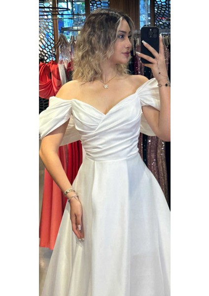 Beyaz Düşük Kollu Anvelop Yırtmaçlı Kloş Etekli Saten Uzun Abiye Elbise 7568 fiyatları