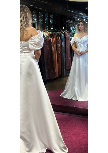 Beyaz Düşük Kollu Anvelop Yırtmaçlı Kloş Etekli Saten Uzun Abiye Elbise 7568 indirimleri