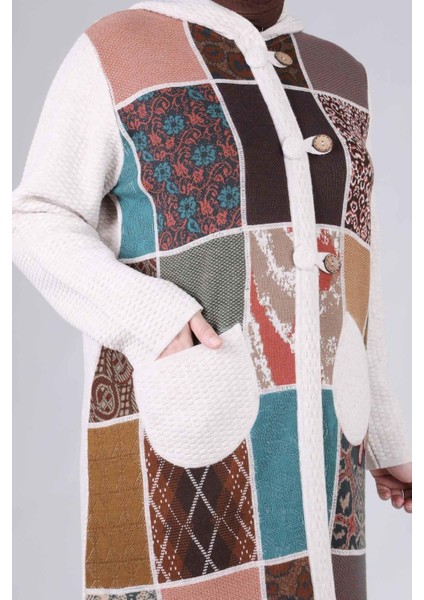 Büyük Beden Patchwork Triko Kap Krem Otw9314
