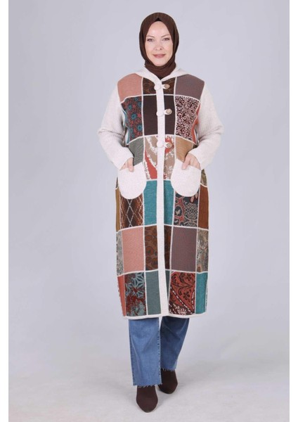 Büyük Beden Patchwork Triko Kap Krem Otw9314