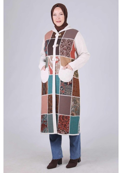 Büyük Beden Patchwork Triko Kap Krem Otw9314