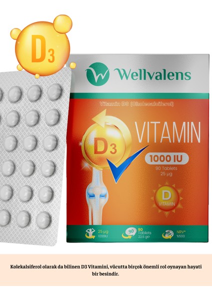 D3 Vitamini 1000 IU – Günlük D Vitamini Takviyesi | 90 Tablet