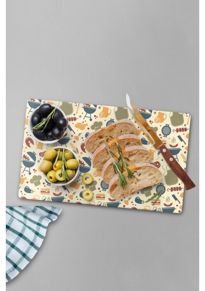 Barbekü Desenli Temperli Cam Kesme Tahtası - Cam Kesme Tablası 30*40 Cm