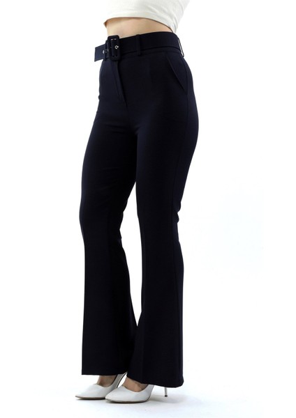 Kadın Ispanyol Paça Klasik Kemerli Kumaş Pantolon - Lacivert modelleri