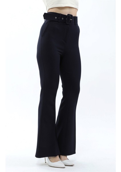 Kadın Ispanyol Paça Klasik Kemerli Kumaş Pantolon - Lacivert fırsatları