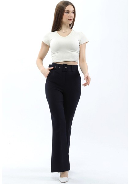 Kadın Ispanyol Paça Klasik Kemerli Kumaş Pantolon - Lacivert fiyatları